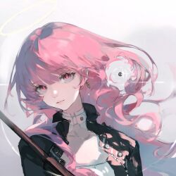 1girl arknights black_jacket boli_yinji bullet bullet_hole chinese_commentary closed_mouth commentary_request dodging earrings grey_eyes halo jacket jewelry lemuen_(arknights) long_hair looking_at_viewer pink_hair shirt solo sparkle traditional_halo upper_body white_shirt