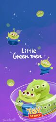 3boys absurdres alien alien_(toy_story) colored_skin copyright_name extra_eyes highres looking_at_viewer male_focus multiple_boys no_humans open_mouth science_fiction shirt simple_background smile space spacesuit takatmaorange thighhighs toy_story zettai_ryouiki