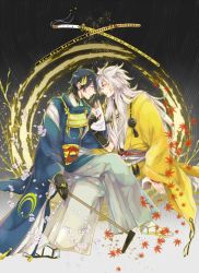 10s 2boys animal_ears autumn_leaves bad_id bad_pixiv_id bare_pectorals bishounen black_gloves black_hair blue_eyes cherry_blossoms eye_contact fox_ears fox_mask gloves gold_trim hakama hakama_skirt hoe japanese_clothes katana kogitsunemaru leaf long_hair looking_at_another male_focus mask matsuri_(mattun-00) mikazuki_munechika multiple_boys pectorals petals pom_pom_(clothes) red_eyes sayagata sitting skirt smile sword touken_ranbu unworn_mask very_long_hair weapon white_hair worktool