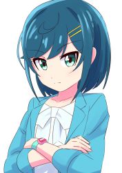 1girl ahoge aqua_eyes blue_hair blue_jacket collarbone crossed_arms delicious_party_precure frown fumiki_rikiya fuwa_kokone hair_between_eyes hair_ornament hairclip highres jacket long_sleeves neckerchief precure shirt short_hair simple_background solo upper_body watch white_background white_neckerchief white_shirt wristwatch