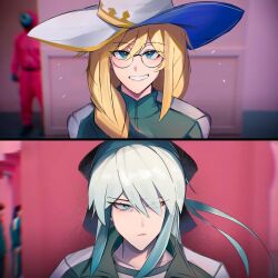 2girls aesc_(fate) aesc_(rain_witch)_(fate) black_bow blonde_hair blue_eyes bow braid dual_persona fate/grand_order fate_(series) glasses hair_between_eyes hair_bow long_hair looking_at_viewer meme morgan_le_fay_(fate) multiple_girls ponytail shoyumagi single_braid smile squid_game white_hair witch year_1_&amp;_year_2_(squid_game)_(meme)