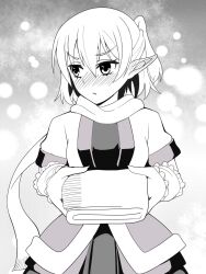 1girl blush closed_mouth commentary_request cowboy_shot ear_blush embarrassed frown gift greyscale half_updo highres holding holding_gift incoming_gift looking_to_the_side mizuhashi_parsee monochrome nose_blush pointy_ears ponytail rishi_(ugati028) scarf shirt short_hair short_ponytail skirt solo touhou v-shaped_eyebrows