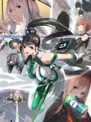 Rule 34 | 1boy, 5girls, adam (stellar blade), black hair, bodysuit, breasts, brown hair, can, crossover, doro (nikke), eve (stellar blade), fune (fune83ojj), goddess of victory: nikke, hat, highres, holding, holding can, holding sword, holding weapon, large breasts, lily artemis ii (stellar blade), long hair, military hat, military uniform, multiple girls, non-humanoid robot, pink hair, ponytail, rapi (nikke), robot, robot animal, robot dog, scarlet (nikke), shift up, short hair, stellar blade, sword, very long hair, volt (nikke), weapon, white hair