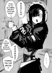Rule 34 | 10 4 (10f0ur), 1girl, @ @, absurdres, android, apron, bishoujo senshi sailor moon, black hair, blunt bangs, c-bas, cowboy shot, english text, garter straps, greyscale, hair over one eye, highres, long sleeves, maid, maid headdress, mechanical spine, midriff, monochrome, open mouth, original, robot ears, robot girl, see-through body, solo, speech bubble, tsuki ni kawatte oshioki yo, v-shaped eyebrows, waist apron