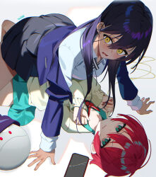 2girls all_fours amate_yuzuriha aqua_eyes aqua_shirt aqua_skirt black_hair black_skirt blue_jacket blush broken_phone cardigan cellphone commentary_request girl_on_top gundam gundam_gquuuuuux hair_between_eyes haro jacket long_hair looking_at_viewer lying multiple_girls nyaan_(gundam_gquuuuuux) on_back open_mouth phone red_hair school_uniform scottie_(phantom2) shirt short_hair skirt wavy_mouth white_cardigan white_shirt yellow_eyes
