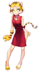 &gt;:( 1girl 2022 action_taimanin animal_ears animal_hands apron blonde_hair blush bow china_dress chinese_clothes dress green_eyes highres official_art pink_bow red_apron red_dress shoes short_hair solo standing tail taimanin_(series) taimanin_rpgx thighs tiger_ears tiger_girl tiger_paws tiger_tail torajiro_(taimanin_series) v-shaped_eyebrows zol
