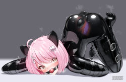 Rule 34 | 1girl, ahoge, all fours, anal, anal object insertion, animal ears, ball gag, bitchsuit, blush, bodysuit, butt plug, fake animal ears, full body, gag, gagged, grey background, hair ornament, hairclip, highres, human dog, inflatable buttplug, latex, latex bodysuit, looking at viewer, maguro27, object insertion, original, pet play, pink hair, pussy juice, sex toy, shiny clothes, short hair, skin tight, solo, toe scrunch, trembling, vaginal, vaginal object insertion, variant set, x-ray, yellow eyes