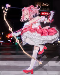 1girl akari_(akariimia) arrow_(projectile) art_study bare_shoulders bow bow_(weapon) bow_choker building choker cityscape closed_mouth commentary crosswalk detached_sleeves drawing_bow dress english_commentary expressionless eyelashes flower frilled_dress frilled_sleeves frilled_socks frills full_body gloves hair_bow high_heels highres holding holding_arrow holding_bow_(weapon) holding_weapon kaname_madoka kneehighs layered_dress leg_up light_blush looking_ahead magical_girl mahou_shoujo_madoka_magica mahou_shoujo_madoka_magica:_walpurgis_no_kaiten night night_sky outdoors petticoat pink_bow pink_dress pink_eyes pink_flower pink_hair pointy_nose puffy_short_sleeves puffy_sleeves pumps red_bow red_choker red_shoes see-through_clothes see-through_socks shadow shoes short_dress short_hair short_sleeves short_twintails sky skyscraper socks solo strapless strapless_dress twintails weapon white_dress white_gloves white_sleeves white_socks