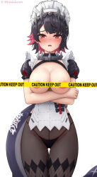 1girl apron areola_slip arms_under_breasts between_breasts black_hair breasts breasts_out caution_tape censored censored_nipples colored_inner_hair ellen_joe fins fish_tail hair_ornament hairclip highres kinoko_kun large_breasts maid_apron mole mole_under_eye multicolored_hair open_mouth pantyhose red_eyes red_hair shark_girl shark_tail sharp_teeth short_hair simple_background solo tail teeth two-tone_hair v-shaped_eyebrows white_background zenless_zone_zero