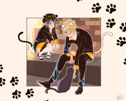 1boy 1girl :3 animal_hands awarinko bandaid bandaid_on_face black_cat black_dress black_hair black_hat black_jacket black_pants black_shoes blonde_hair blue_eyes cat cat_paws collared_shirt drawn_ears drawn_tail drawn_whiskers dress eden_academy_school_uniform gold_trim hat highres husband_and_wife jacket loafers looking_at_another mary_janes medium_dress pants red_eyes school_uniform shirt shoes signature spy_x_family squatting twilight_(spy_x_family) twitter_username yor_briar