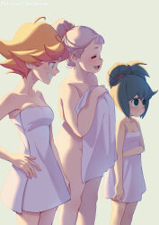 3girls amanda_o&#039;neill ass blue_hair blush breasts closed_eyes cloudxmoe constanze_amalie_von_braunschbank-albrechtsberger covering_breasts covering_privates green_eyes hair_tied_back hair_tied_up highres holding holding_towel huge_ass jasminka_antonenko little_witch_academia medium_breasts multicolored_hair multiple_girls naked_towel orange_hair patreon_username pink_hair plump red_hair small_breasts smile thick_thighs thighs towel