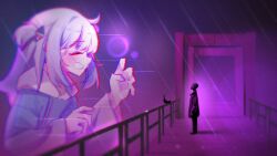 1boy 1girl ^_^ blade_runner blue_jacket claw_pose closed_eyes commentary ebi-chan_(gawr_gura) english_commentary gawr_gura gawr_gura_(1st_costume) giant giantess goslingposting_(meme) grin highres hololive hololive_english hood hood_down jacket long_hair meme railing rain sketchy_guy01 smile two_side_up virtual_youtuber white_hair you_look_lonely_(meme)