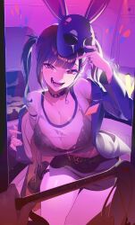 1girl black_bra black_hair bra breasts choker cleavage goddess_of_victory:_nikke heart heart-shaped_pupils highres jacket jewelry koi_wanko large_breasts long_hair looking_at_viewer mask mask_on_head open_clothes open_jacket open_mouth red_eyes ring see-through_clothes shirt smile solo_focus sora_(nikke) symbol-shaped_pupils twintails underwear white_shirt