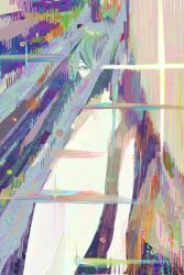 1girl abstract absurdres aqua_eyes aqua_hair chinese_commentary commentary_request completely_nude cowboy_shot hair_over_mouth hatsune_miku highres kikuo long_hair looking_at_viewer mao_rongrong_huli_chu nude solo sparkle twintails very_long_hair vocaloid