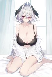 1girl averting_eyes bare_legs barefoot black_bra black_wings blush bra breasts cleavage double-parted_bangs feathered_wings grey_hair hair_between_eyes hair_intakes harenchi head_wings highres huge_breasts indie_virtual_youtuber long_hair off_shoulder partially_unbuttoned purple_eyes richamu second-party_source shirt sitting sleeves_past_fingers sleeves_past_wrists solo sweat underwear virtual_youtuber wariza white_shirt wings
