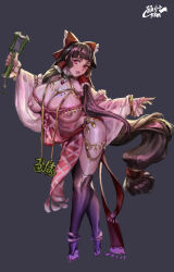 1girl absurdres bangle black_hair black_thighhighs blunt_bangs bow bracelet breasts commentary_request cookie_(touhou) d_tomoki dancer frilled_hair_tubes frills full_body grater grey_background hair_bow hair_tubes hakurei_reimu highres huge_breasts jewelry long_hair looking_at_viewer naked_tabard nipples parted_lips pink_tabard red_bow red_eyes rurima_(cookie) sidelocks simple_background solo stirrup_legwear tabard thighhighs tiptoes toeless_legwear touhou very_long_hair