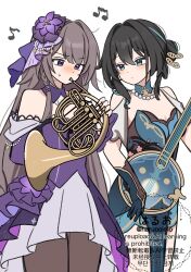 2girls absurdres bare_shoulders bead_necklace beads black_hair brown_hair brown_pantyhose closed_mouth clothing_cutout detached_sleeves dress flower french_horn gloves green_dress green_eyes green_gloves haruo_(haruooimo) herta_(honkai:_star_rail) highres holding holding_instrument honkai:_star_rail honkai_(series) instrument jewelry long_hair long_sleeves looking_at_another multiple_girls music musical_note necklace official_alternate_costume pantyhose playing_instrument purple_dress purple_eyes purple_flower ruan ruan_mei_(honkai:_star_rail) shoulder_cutout simple_background standing sweat the_herta_(honkai:_star_rail) the_herta_(star_rail_live_2025)_(honkai:_star_rail) white_background