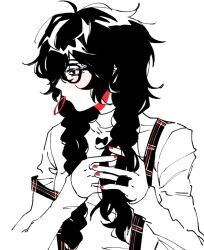 Rule 34 | 1girl, ahoge, alternate hairstyle, amamiya ren, black hair, blush, braid, genderswap, genderswap (mtf), hair tie in mouth, joker (persona 5), kx0e, limited palette, long hair, mouth hold, nail polish, persona, persona 5, red nails, simple background, solo, twin braids, tying hair, upper body, white background