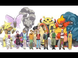 4girls :p alakazam aya_(emo) bad_id bad_pixiv_id baseball_cap black_hair blaine_(pokemon) blonde_hair blue_eyes blue_oak blue_oak_(pokemon_hgss) brock_(pokemon) brown_eyes brown_hair closed_eyes competition_swimsuit couple crossed_arms electivire electricity erika_(pokemon) everyone facial_hair feet gen_1_pokemon gen_4_pokemon ghost_in_the_shell ghost_in_the_shell:_stand_alone_complex ghost_in_the_shell_lineup green_eyes gym_leader hand_on_own_hip hat headband highres hip_focus jacket janine_(pokemon) japanese_clothes kanto letterboxed lineup magmortar military_fatigues military_uniform misty_(pokemon) multiple_girls mustache ninja nintendo one-piece_swimsuit onix orange_hair parody pidgeot pikachu pokemon pokemon_(creature) pokemon_hgss purple_eyes purple_hair red_(pokemon) red_eyes sabrina_(pokemon) sandals scarf short_hair spoon starmie strap_slip sunglasses surge_(pokemon) swimsuit tangrowth tank_top toes tongue tongue_out venomoth