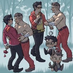 Rule 34 | 2boys, animal ears, bandaged arm, bandages, beard stubble, belt, black-framed eyewear, black belt, black footwear, black hair, black jacket, black pants, blush, brown footwear, brown hair, character charm, charm (object), closed mouth, collarbone, collared shirt, commentary, david king (dead by daylight), dead by daylight, dwight fairfield, english commentary, facial hair, flower, forest, glasses, grass, hand on another&#039;s back, highres, holding, holding flower, hood, hooded jacket, jacket, kalamari, male focus, multiple boys, nature, necktie, nipples, open clothes, open jacket, open mouth, outdoors, pants, parted lips, pectorals, popped collar, rectangular eyewear, red flower, red jacket, red necktie, red pants, shirt, short hair, strongman waist, stubble, sweat, teeth, topless male, tree, triangle mouth, very sweaty, white shirt, wing collar, yaoi, yellow shirt