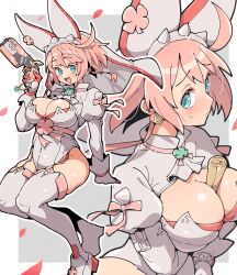1girl ahoge animal_ears blue_eyes bob_cut breasts cleavage clover elphelt_valentine fake_animal_ears four-leaf_clover garter_straps gloves guilty_gear guilty_gear_xrd gun hairband handgun highres itsuka_neru jewelry juliet_sleeves large_breasts leotard long_sleeves multiple_views open_mouth pink_hair puffy_sleeves short_hair spiked_hairband spikes thighhighs veil waist_ribbon weapon white_leotard white_veil