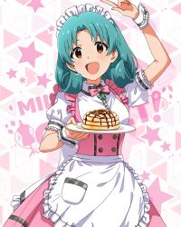 1girl :d apron bow bowtie breasts brown_eyes butterfly_ornament chocolate_syrup curly_hair dot_nose dress food forehead frilled_apron frilled_skirt frills grey_hair holding holding_plate idolmaster idolmaster_million_live! idolmaster_million_live!_theater_days maid_headdress marshmallow medium_breasts official_alternate_costume official_art open_mouth pancake pancake_stack parted_bangs pink_bow pink_bowtie pink_dress plate pointing pointing_up pretty_waitress_(idolmaster) puffy_short_sleeves puffy_sleeves roasted_marshmallow shirt short_hair short_sleeves sidelocks skirt smile solo standing star_(symbol) star_symbol_background straight-on thighhighs tokugawa_matsuri upper_body waist_apron waitress white_apron white_shirt white_thighhighs wrist_cuffs
