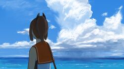 Rule 34 | 1girl, blue sky, brown hair, cloud, cloudy sky, commentary request, day, from behind, i-401 (kancolle), kantai collection, ocean, one-piece swimsuit, orange sailor collar, outdoors, partial commentary, ponytail, sailor collar, shirt, sky, sleeveless, sleeveless shirt, solo, swimsuit, swimsuit under clothes, water, yue (tada no saboten)