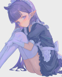 1girl absurdres apron black_dress closed_mouth dress frilled_apron frilled_dress frills gloves highres hololive hololive_english kiwwwwwi long_hair looking_at_viewer maid maid_apron maid_headdress multicolored_hair ninomae_ina&#039;nis orange_hair panties pantyshot pointy_ears puffy_short_sleeves puffy_sleeves purple_eyes purple_hair short_sleeves simple_background sitting skindentation solo thighhighs two-tone_hair underwear virtual_youtuber white_apron white_background white_gloves white_thighhighs