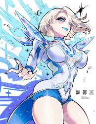 Rule 34 | 1girl, blonde hair, blue eyes, blue lips, blue nails, breasts, choker, cleavage, diamond (gemstone), diamond earrings, earrings, emma frost, highres, jewelry, large breasts, leotard, lipstick, looking at viewer, makeup, marvel, marvel rivals, short hair, smile, solo, sunao saito, superhero costume, thick thighs, thighs, x-men