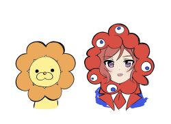 1girl :d akira_hjk blue_jacket blush expo2025 jacket lion looking_at_viewer love_live! love_live!_school_idol_project mister_donut myaku-myaku necktie nishikino_maki official_alternate_costume open_clothes open_jacket open_mouth pon_de_lion purple_eyes red_hair red_necktie shirt smile white_shirt