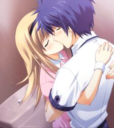 1boy 1girl armband bathroom blue_hair blush brother_and_sister buttons chaos;head chaos;head_love_chu_chu! closed_eyes collared_shirt couple eye_contact facing_another fingernails game_cg height_difference highres hug incest kiss long_hair long_sidelocks looking_at_another matsuo_yukihiro messy_hair nishijou_nanami nishijou_takumi non-web_source official_art pants pink_lips pink_shirt plaid_clothes plaid_pants polo_shirt purple_pants purple_sleeves pursed_lips school_uniform shiny_lips shiny_skin shirt short_hair short_sleeves siblings sidelocks sportswear standing suimei_school_uniform suimei_summer_uniform tennis_uniform toilet white_shirt