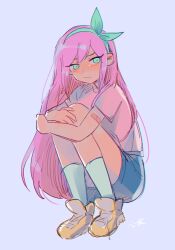 1girl aubrey_(faraway)_(omori) aubrey_(omori) bandaid bandaid_on_arm blue_skirt bow_hairband chromatic_aberration closed_mouth denim denim_skirt frown full_body green_eyes green_hairband hair_between_eyes hairband highres hugging_own_legs kokomi_(aniesuakkaman) long_hair looking_to_the_side miniskirt omocat_(style) omori pink_hair pink_shirt purple_background shirt shoes short_sleeves simple_background skirt socks solo source_request squatting t-shirt tearing_up third-party_source white_socks yellow_shoes