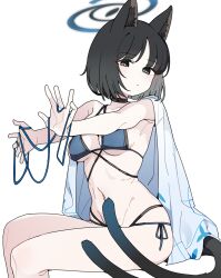 absurdres animal_ears bakeneko bikini black_eyes black_hair black_tail blue_archive blue_bikini blue_halo blue_haori blue_tail cat_ears cat_girl cat_tail colored_inner_animal_ears criss-cross_halter criss-cross_straps extra_ears gradient_tail halo halterneck haori highres japanese_clothes kikyou_(blue_archive) kikyou_(swimsuit)_(blue_archive) layered_bikini multi-strapped_bikini_bottom multiple_tails official_alternate_costume pearlgang_e short_hair swimsuit tail two_tails white_haori