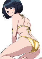 1girl absurdres ass bikini black_hair blue_eyes blush_stickers breasts bright_pupils closed_mouth commentary_request from_behind gold_bikini gundam gundam_gquuuuuux halterneck highres large_breasts looking_at_viewer looking_back riokasen shiiko_sugai short_hair simple_background smile solo split_mouth swimsuit white_background white_pupils