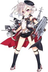 1girl :d aiguillette ammunition_belt armband azur_lane belt belt_buckle black_belt black_hat black_shorts blue_legwear blush buckle cross crossed_bangs eyebrows eyelashes female_focus full_body gloves grey_footwear hair_between_eyes hat high_heels iron_cross legs_apart legwear_garter long_hair looking_at_viewer machinery military military_uniform navel official_art open_mouth pink_eyes saru ship_turret shorts side_ponytail silver_hair smile solo standing stomach tongue torpedo transparent_background tsurime white_belt white_gloves z1_leberecht_maass_(azur_lane)