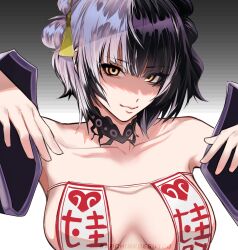 1girl alternate_costume archimedesu99 black_choker breasts choker closed_mouth commentary english_commentary ghost_pose gradient_background grey_background highres hololive hololive_english jiangshi large_breasts looking_at_viewer multicolored_hair ofuda ofuda_on_nipples pasties shiori_novella solo split-color_hair virtual_youtuber wide_sleeves