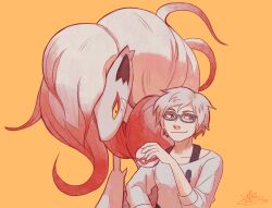 Rule 34 | 1girl, blue-framed eyewear, blue eyes, brooch, closed mouth, commentary, crossover, dated, english commentary, glasses, gradient hair, highres, hisuian zoroark, holding, holding poke ball, jewelry, kyokugen dasshutsu, multicolored hair, nintendo, phi (kyokugen dasshutsu), poke ball, pokemon, pokemon (creature), premier ball, red hair, shirt, short hair, sigmacatdilemma, signature, simple background, smile, upper body, very short hair, white hair, white shirt, yellow background, zero escape: toki no dilemma
