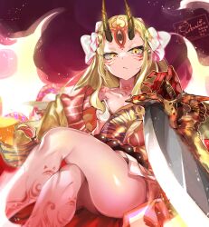 1girl bare_shoulders beads blonde_hair breasts colored_extremities crossed_legs facial_mark fate/grand_order fate_(series) forehead_mark hair_pulled_back highres horns ibaraki_douji_(fate) japanese_clothes kimono long_hair long_sleeves looking_at_viewer oni panda=hiro pointy_ears red_hands ribbon sash sitting small_breasts solo sword thighs weapon yellow_eyes yellow_kimono