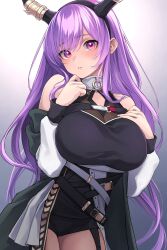 1girl above_cleavage_cutout absurdres arknights belt black_belt black_garter_straps black_shirt black_shorts blush breasts chest_strap coat cowboy_shot fake_horns garter_straps gradient_background grey_background hand_on_own_chest highres horn_hairband horns large_breasts long_hair looking_at_viewer multiple_belts nameko_houshi o-ring off_shoulder open_clothes open_coat parted_lips purple_eyes purple_hair shirt short_shorts shorts simple_background sleeveless sleeveless_shirt solo standing typhon_(arknights) very_long_hair white_coat