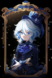 1girl ascot asymmetrical_gloves black_gloves blue_ascot blue_brooch blue_eyes blue_gemstone blue_hair blue_hat blue_jacket drop-shaped_pupils furina_(genshin_impact) gem genshin_impact gloves hat heterochromia highres jacket jiaowohuangdaoa mismatched_gloves mismatched_pupils multicolored_hair ouji_fashion portrait_(object) smile solo steepled_fingers streaked_hair symbol-shaped_pupils top_hat white_gloves white_hair