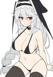 1girl arknights black_bra black_headscarf black_panties black_thighhighs blush bra breasts cleavage closed_mouth commentary_request cowboy_shot flat_color grey_hair groin hair_between_eyes headscarf highres large_breasts long_hair makigirisu micro_panties navel panties red_eyes simple_background sitting smile solo specter_(arknights) thighhighs underwear white_background
