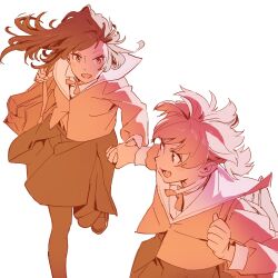 Rule 34 | 2girls, 55bata6rou, :d, bag, dress, highres, holding hands, holding strap, koito yuu, limited palette, loafers, long hair, long sleeves, looking at another, looking back, multiple girls, nanami touko, open mouth, pantyhose, pleated dress, running, sailor collar, school bag, school uniform, shirt, shoes, short hair, sidelighting, simple background, smile, tohmi higashi high school uniform, white background, yagate kimi ni naru