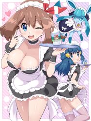 2girls ;d absurdres apron blue_eyes blue_fur blue_hair blue_sclera blush bottle bow breasts brown_hair cleavage clothes_lift collar colored_sclera cosplay cup dawn_(pokemon) dawn_(pokemon)_(cosplay) dress frilled_collar frilled_dress frills gen_4_pokemon glaceon glaceon_(tea_party) hair_ornament hairclip highres large_breasts long_hair maid maid_apron maid_headdress may_(pokemon) medium_hair milk multiple_girls nintendo official_alternate_costume one_eye_closed open_mouth piplup pokemoa pokemon pokemon_(anime) pokemon_dp062 pokemon_dppt_(anime) pokemon_oras pokemon_unite saucer short_dress skindentation skirt skirt_lift smile teacup teeth thighhighs thighs tongue tongue_out two-tone_fur upper_teeth_only wrist_cuffs