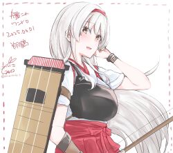 1girl artist_logo bow_(weapon) brown_eyes character_name copyright_name dated flight_deck gloves hairband hakama hakama_short_skirt hakama_skirt highres japanese_clothes kantai_collection kimono kurohina_(kurohina_66_s) logo long_hair looking_at_viewer muneate one-hour_drawing_challenge partially_fingerless_gloves partly_fingerless_gloves red_hairband red_hakama red_skirt shoukaku_(kancolle) skirt smile solo tasuki weapon white_hair white_kimono yugake