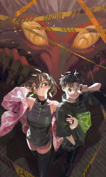 1boy 2girls adjusting_eyewear ayase_momo bare_shoulders black_dress black_hair black_pants black_shirt black_thighhighs breasts brown_eyes brown_hair caution colored_skin commentary_request covered_navel dandadan dress earrings feet_out_of_frame ghost glasses hair_between_eyes hand_in_pocket hand_on_another&#039;s_arm hand_up highres holding_another&#039;s_arm jacket jewelry medium_breasts multiple_girls open_clothes open_jacket pants parted_lips pink_jacket red_skin round_eyewear shirt short_hair short_sleeves sleeveless sleeveless_dress takakura_ken_(dandadan) thighhighs ts_psi_vczzxvc turbo_granny_(dandadan) yellow_eyes