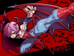 1girl :d action animal_print ass bat_background bat_print bat_wings black_background cleavage_cutout clothing_cutout collarbone copyright_name covered_navel demon_girl fingernails flat_chest foreshortening hair_over_one_eye head_wings high_heels highres kicking leotard lilith_(darkstalkers) looking_at_viewer low_wings midair open_mouth pantyhose print_legwear purple_hair red_background red_eyes red_footwear red_leotard shiny_clothes short_hair simple_background smile thick_thighs thighs tukiwani two-tone_background darkstalkers wide_hips wings