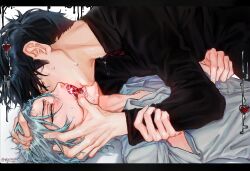 Rule 34 | 2boys, alien stage, artist name, black hair, black shirt, closed eyes, collared shirt, commentary, english commentary, gem, grey hair, hand on another&#039;s face, hand on another&#039;s head, heart, highres, holding another&#039;s arm, ivan (alien stage), kiss, male focus, miseryuri, multiple boys, shirt, short hair, till (alien stage), very short hair, white shirt, yaoi