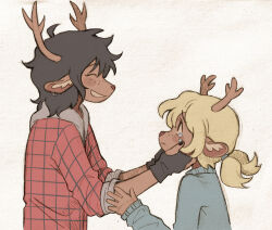 2girls aged_down animal_ears antlers black_gloves black_hair black_nails blue_sweater closed_eyes commentary december_holiday deer_antlers deer_ears deer_girl deltarune design_speculation earrings english_commentary fingerless_gloves gloves hands_on_another&#039;s_face highres hood hoodie horns jewelry long_sleeves medium_hair multiple_girls noelle_holiday plaid_clothes plaid_hoodie red_hoodie siblings sisters sweater szivarvanyturmix02 tears twintails