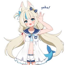 1girl ahoge animal_ear_fluff animal_ears arm_behind_back arm_up belt bikini bikini_under_clothes blonde_hair blue_eyes cat_ears dress fins fish_tail highres honodera_getsuyo indie_virtual_youtuber long_hair looking_at_viewer multicolored_hair navel open_clothes open_dress open_mouth ribbon sameko_saba short_shorts shorts sleeveless sleeveless_dress smile solo stomach streaked_hair striped_bikini striped_clothes swimsuit tail twintails unbuttoned_dress virtual_youtuber waving white_dress white_shorts