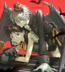 2boys absurdres blue_eyes crown gloves happy_halloween highres himo_(himodayoo) ikari_shinji instrument male_focus mini_crown multiple_boys nagisa_kaworu neon_genesis_evangelion piano vampire_costume werewolf_costume white_gloves wings yaoi